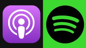 A purple and green logo for podcasts and spotify.