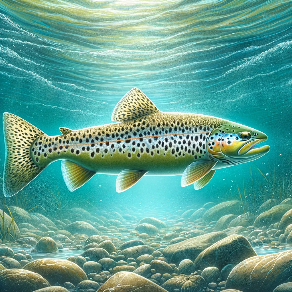 A painting of a brown trout swimming in the water.