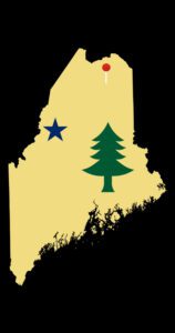 A silhouette of maine with the state flag on it.