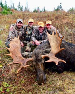 Three men pose with a large moose in the field.