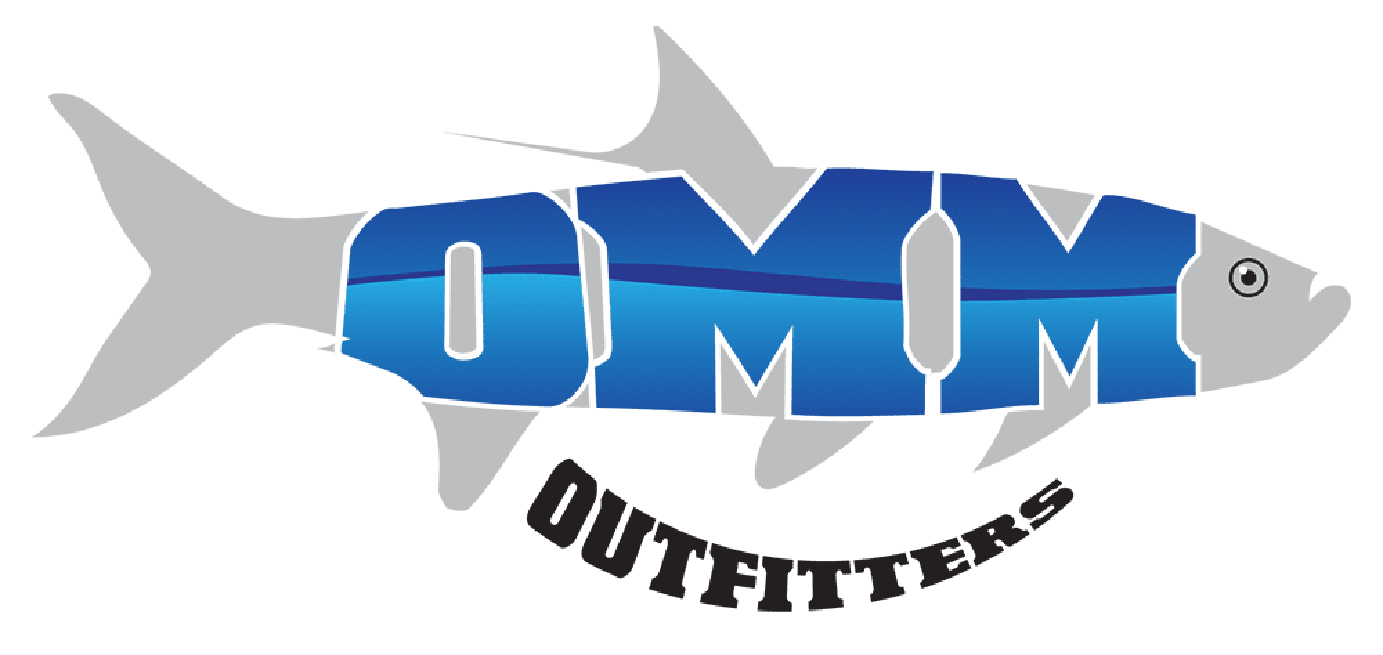 A blue and white shark with the word " omm ".
