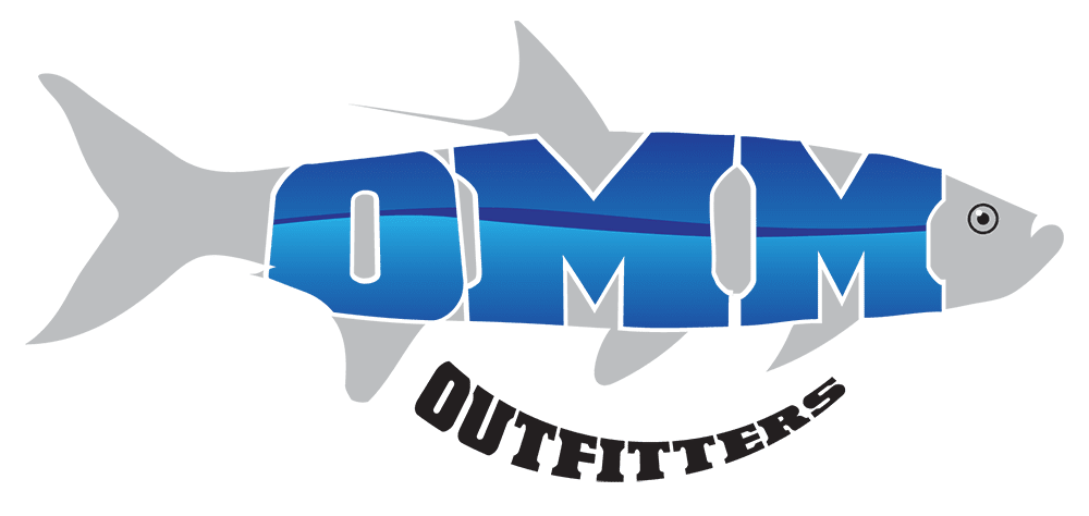 A blue and white shark with the word " omm ".